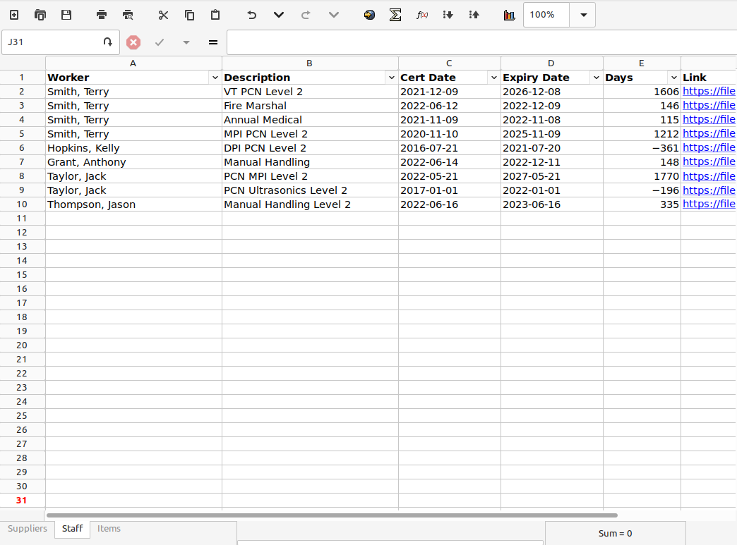 QADB downloaded spreadsheet of quality records