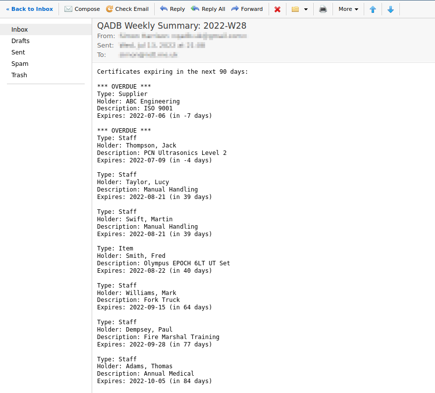 QADB weekly summary email of records needing renewal